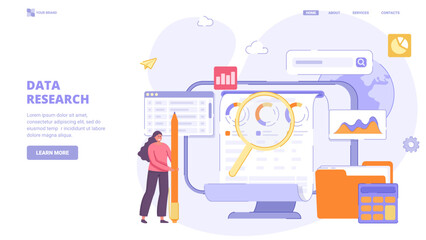Data research, information search, entry and collecting, data analysis, big data, report . Design concept for landing page. Flat vector illustration with characters for website, print, banner