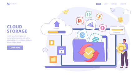 Transfer files, safe cloud storage, data synchronisation, device move file to secure cloud storage. Design concept for landing page. Flat vector illustration with characters for website, print, banner