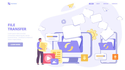 Data share by wifi, file transfer between devices,  remote folder, internet connection. Design concept for landing page. Flat vector illustration with characters for website, print, banner