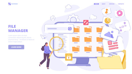 File manager, electronic document storage, document synchronisation, collecting and organisation. Design concept for landing page. Flat vector illustration with characters for website, print, banner