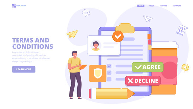 User agreement, terms and conditions, online contract, corporative rules, privacy policy. Design concept for landing page. Flat vector illustration with characters for website, print, banner.
