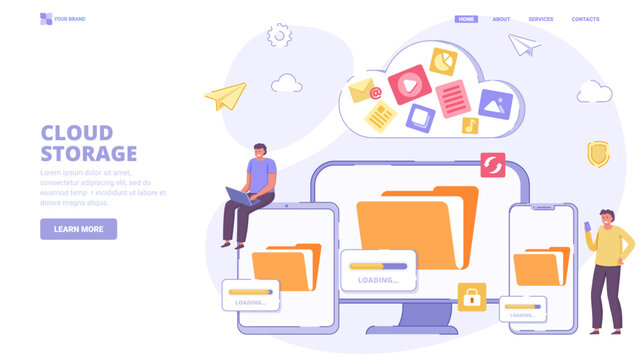 Transfer files, cloud storage, data synchronisation, devices move file to cloud storage. Design concept for landing page. Flat vector illustration with characters for website, print, banner