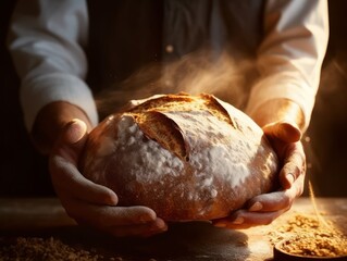 A close-up of a person's hands holding a freshly baked loaf of bread, with steam rising from the crust. Generative AI - obrazy, fototapety, plakaty