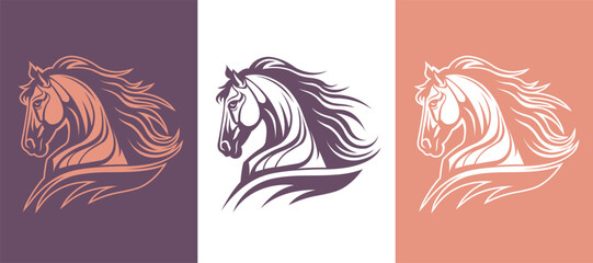 Vector horse head vector line art illustration isolated on dark and white background. Stallion business logo design template.