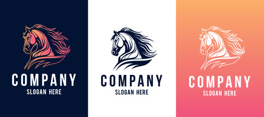Horse head mascot side view vector art image business company logo template, brand identity logotype on white and dark backgrounds.