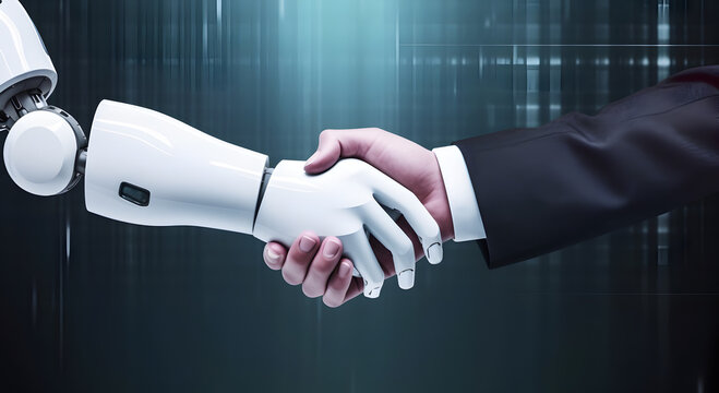 Robot and businessman in handshake. Concept of human robot relationships. AI generated image.