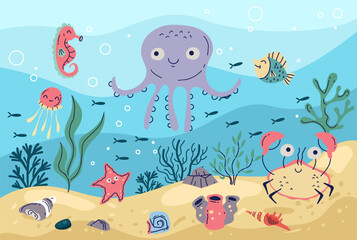 Naklejka na ściany i meble Sea bottom animal underwater ocean reef marine life concept. Vector graphic design illustration