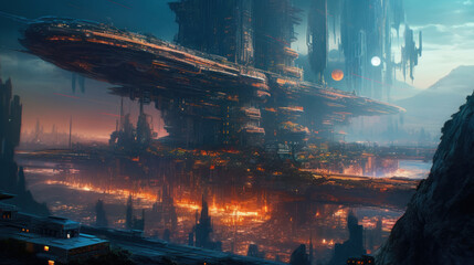 Naklejka premium A city that doubles as a spaceship traveling through. AI generated
