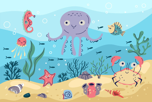Sea bottom animal underwater ocean reef marine life concept. Vector graphic design illustration