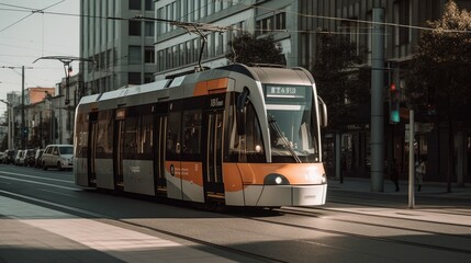 Fototapeta na wymiar A city tram passing through a busy street. AI generated