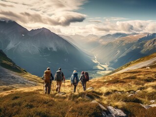 A group of friends hiking along a scenic trail, with a stunning view of a valley and mountains in the distance. Generative AI