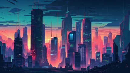 A cityscape with neon lights and towering skyscraper. AI generated