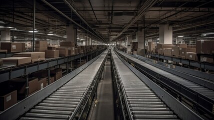 A conveyor belt transporting packages in a sorting. AI generated