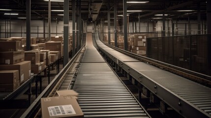 A conveyor belt transporting packages in a sorting. AI generated