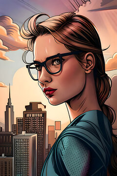 Nerdy girl with eyeglasses and the big city
