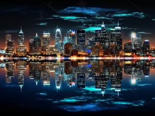 A panoramic view of a city skyline at night, with bright lights and reflections on the water. Generative AI