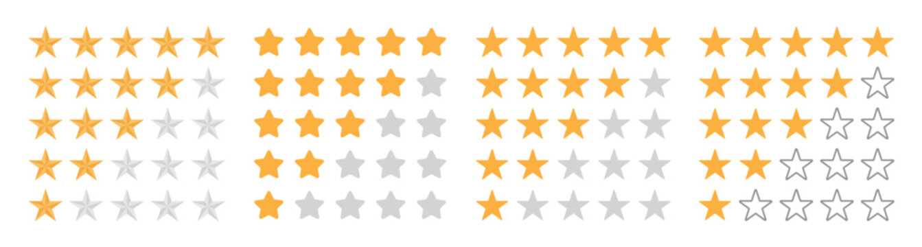 Product rating or customer review with gold stars and half star flat vector icons for apps and websites. Big set stars. Set of rating stars in four different styles. Rating stars set.