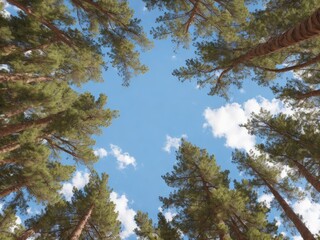 Obraz premium An upward shot view of forest, blue sky, cloud, pine trees created with generative ai