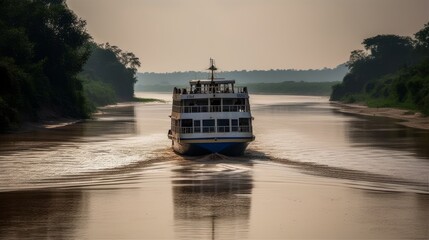 Naklejka premium A ferry crossing a river. AI generated