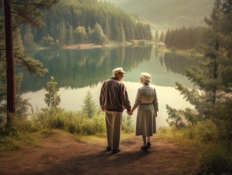 A portrait of an elderly couple holding hands and smiling, with a backdrop of a tranquil lake and forest. Generative AI