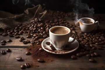 espresso breakfast cup mug morning aroma drink bean brown cafe. Generative AI.