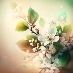 A floral picture of a tree with white flowers and green leaves. Generative AI