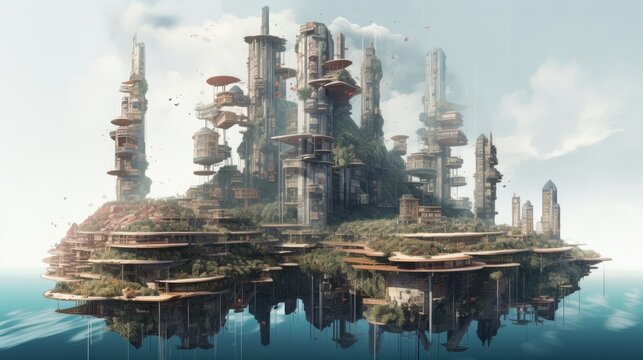 A floating city with multiple levels and layers. AI generated