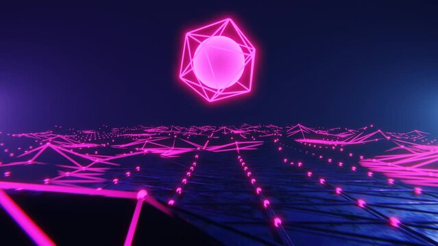 Abstract 3D background sci-fi hi-tech 80s retrowave retro futuristic seamless loop. Vaporwave synthwave neon videogame landscape with glowing low poly terrain grid. 4K video, 3D design, motion graphic