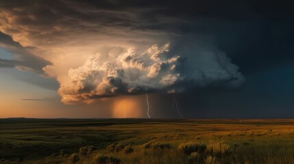 Obraz na płótnie Canvas Lightning storm in the sky over a prairie. Generative AI