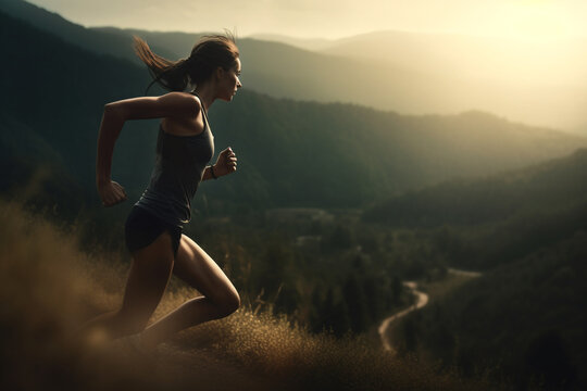 athletic strong woman running in the mountains.