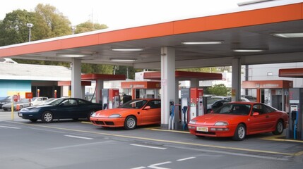 A gas station with pumps and cars. AI generated