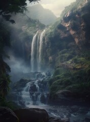 Fototapeta na wymiar Natural River Waterfall in Green Trees Forest Digital Generated Illustration