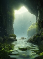 Natural River Waterfall in Green Trees Forest Digital Generated Illustration