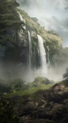 Fototapeta na wymiar Natural River Waterfall in Green Trees Forest Digital Generated Illustration