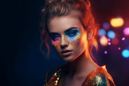 Young woman in disco lights and disco outfit, fictitious person. AI generated image