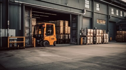 A loading dock with forklifts and pallets. AI generated