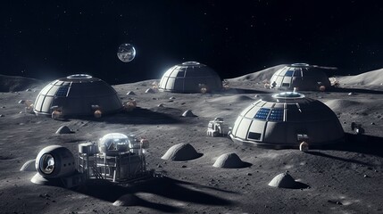 Naklejka na ściany i meble A lunar colony with domed habitats and lunar rovers. AI generated