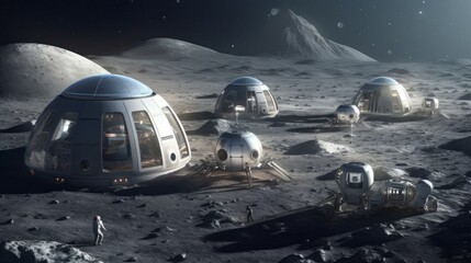 Fototapeta na wymiar A lunar colony with domed habitats and lunar rovers. AI generated