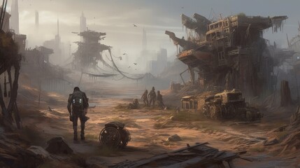 A pos apocalyptic wasteland with robotic scavengers. AI generated