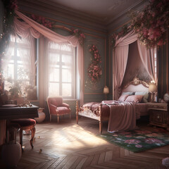 Generative AI: Rococo bedroom with flowers