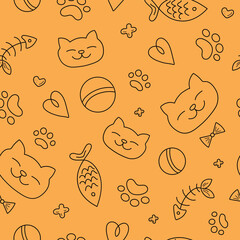 Vector doodle pattern of drawings  dogs, cats, pet food and toys. Vector graphics. 