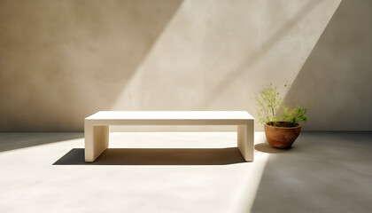 a white bench on the floor and a concrete wall behind it, next to a pot with a plant