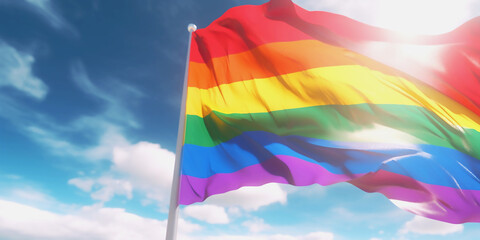 LGBTQ+ rainbow flag waving in the wind against a blue sky with clouds. Symbol of the rights of the lgbtq+ community. Generated by AI