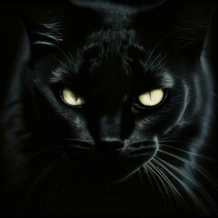 black cat with glowing eyes in the dark, gothic art, dark and mysterious, dark, black background, cool color scheme - generative AI