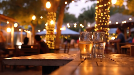 Fototapeta na wymiar Blur and bokeh of beach bar restaurant for background. Generative Ai.