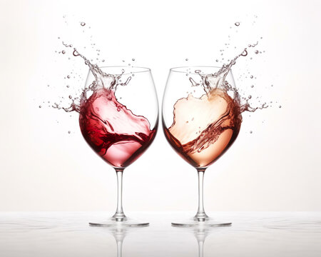 Red and white wine glasses up and splash on white background. Generative Ai.