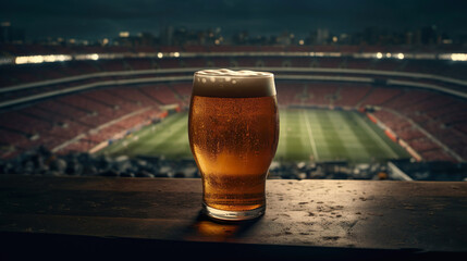 Glass of beer on the background of the sports stadium. Generative Ai