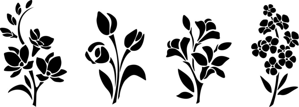 Set of flowers. Black silhouettes of flowers (freesia, tulips, alstroemeria, and forget-me-not flowers) isolated on a white background. Vector illustration