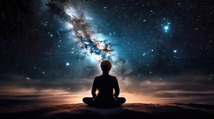 Man sitting in yoga lotus pose and his connection to space. Generative AI