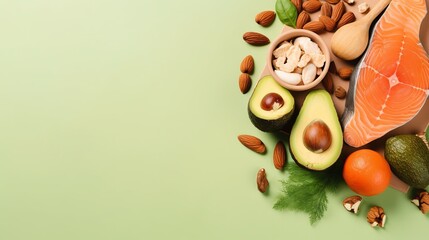 Keto diet concept - salmon, avocado, eggs, nuts and seeds, bright green background, top view Generative AI